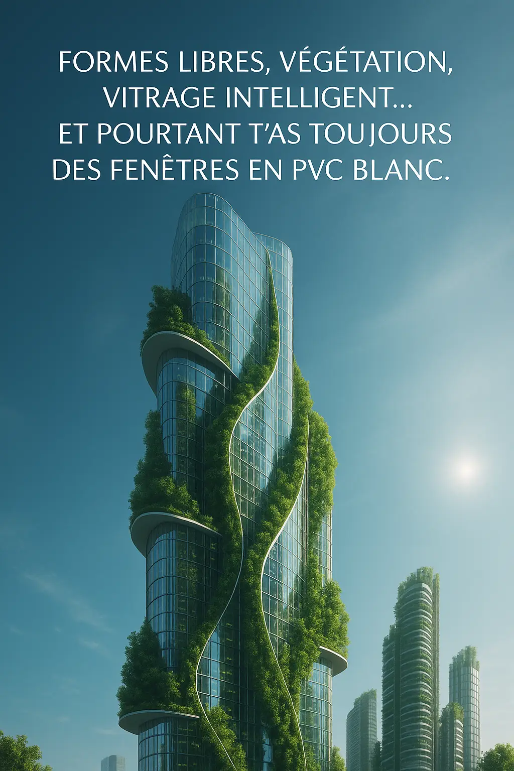 Tour futuriste en verre et végétation illustrant l’innovation architecturale