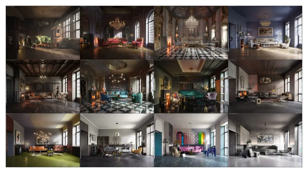 Comparaison visuelle des styles architecturaux célèbres dans une même pièce